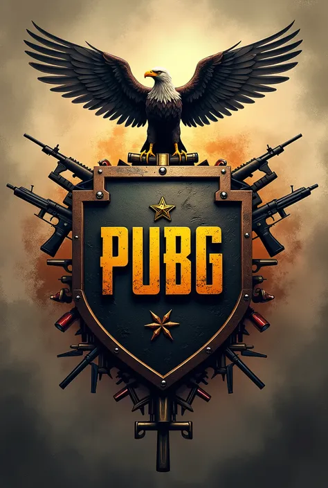 We need you to create a logo for the PUBG  with a shield theme that includes things related to the game but with many details and that is not always a logo and has an eagle on top