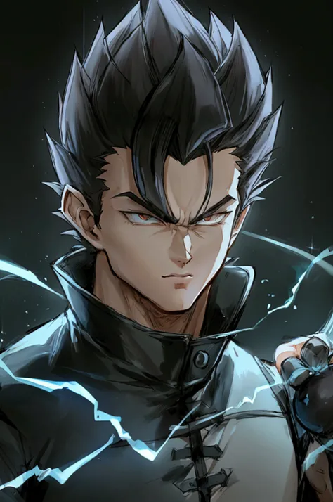 Seeing of the right, adult male, a character up to the waist, holding a black dark sphere of energy with white lightning parts like a lightning bolt illuminating around the sphere and in the middle of it, as if it were destroying the sphere and dodging, bu...