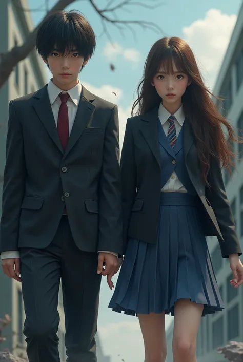 The boy with wavy hair, a dark blazer white shirt and red tie, The girl has very long hair with brown locks with a dark blazer matching her blouse and a blue pleated skirt, They are Korean high school students, that has the typical uniform that in kdramas,...