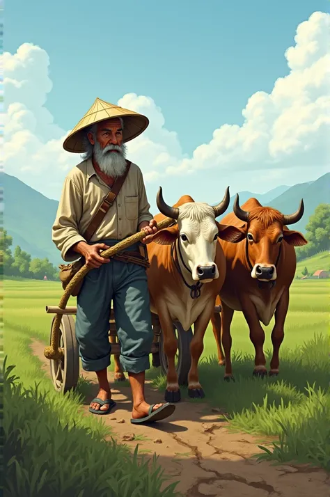 A farmer wearing a bamboo hat，Holding the plow and whipping the oxen to plow the fields。