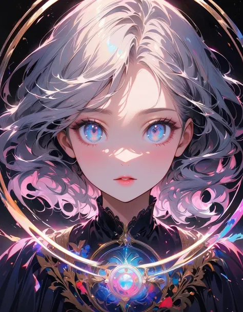 detailed textures, high quality, high resolution, high accuracy, realism, color correction, correct lighting settings, harmonious composition.A round, white glittery image depicting the face of a cute anime girl with silver hair and light blue eyes, in the...