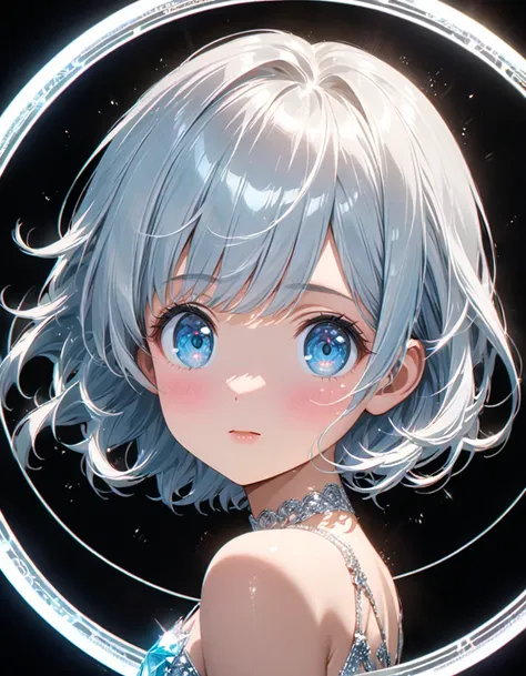 detailed textures, high quality, high resolution, high accuracy, realism, color correction, correct lighting settings, harmonious composition.A round, white glittery image depicting the face of a cute anime girl with silver hair and light blue eyes, in the...