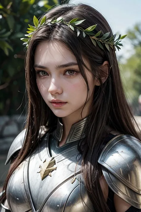 Female Warrior: Modern, long dark hair, white skin and realistic face, with armor, and laurel wreath on her head