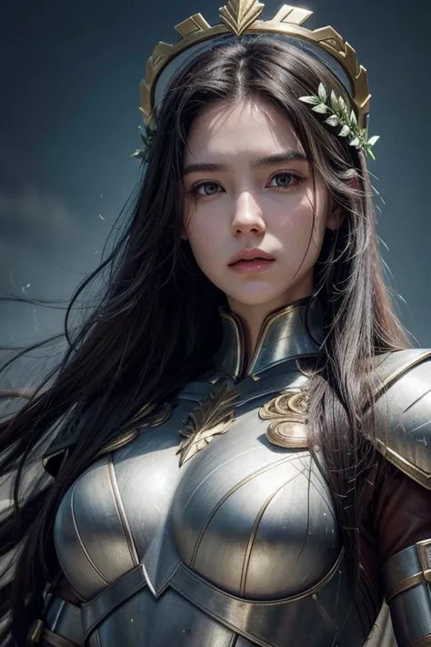 Female Warrior: Modern, long dark hair, white skin and realistic face, with armor, and laurel wreath on her head