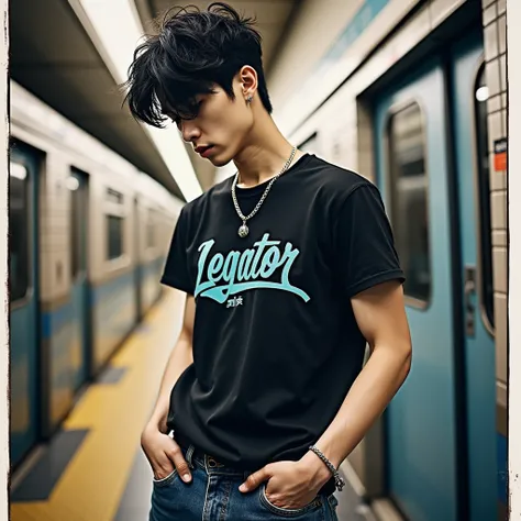 Very fair skinned Korean handsome man with short medium black hair in front of eyes curly,with rings on their hands, with veins, He&#39;s wearing a black t-shirt with the writing "LEGATOR" blue and an abstract design, baggy blue jeans and a thin silver cha...