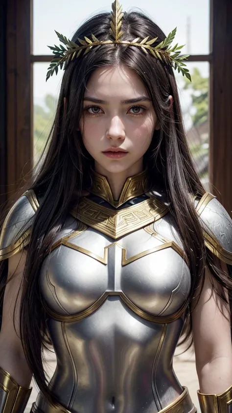 Female warrior: modern, long dark hair, white skin and realistic face, with armor in gold details, and laurel wreath on her head