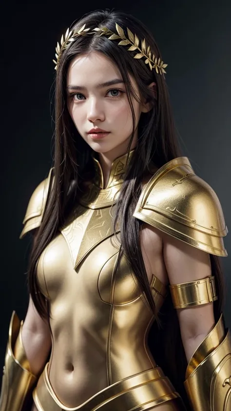 Female warrior: modern, long dark hair, white skin and realistic face, with armor in gold details, and laurel wreath on her head