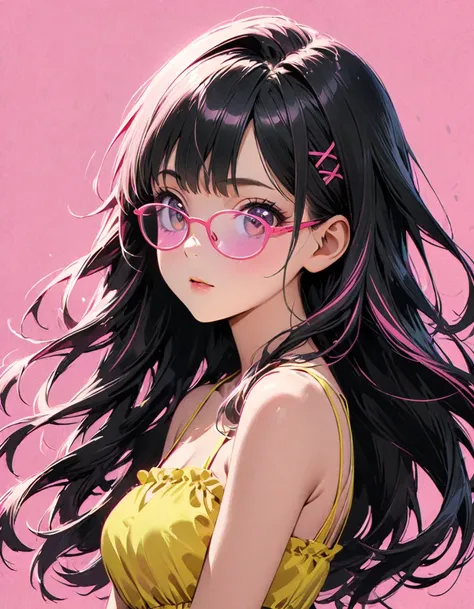 detailed textures, high quality, high resolution, high accuracy, realism, color correction, correct lighting settings, harmonious composition.Beautiful anime girl with long hair and pink glasses, wearing a neon yellow dress, against a pink background, with...