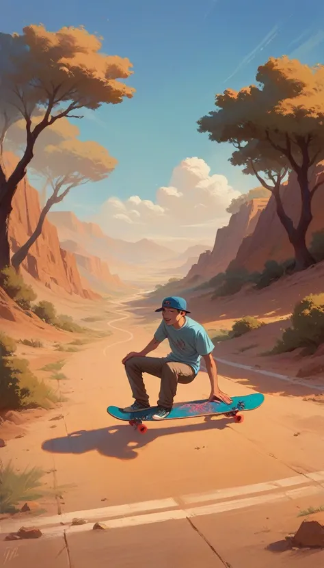 Generate the following image, a man in the desert at night, passing by a huge tree in the distance, riding a skateboard, happy! "Work of art".Alone, High resolution, Awarded several times, best quality, detail, 