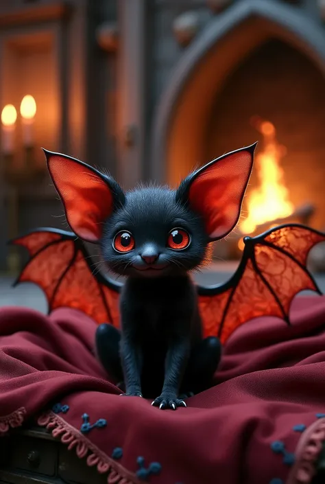 Little baby bat born. black with beautiful wings and red inserts.  With beautiful big sparkling red eyes and eyelashes.  Sits on burgundy silk fabric with embroidery along the edges. He closed one eye with joy.. Background burning fireplace in a castle wit...