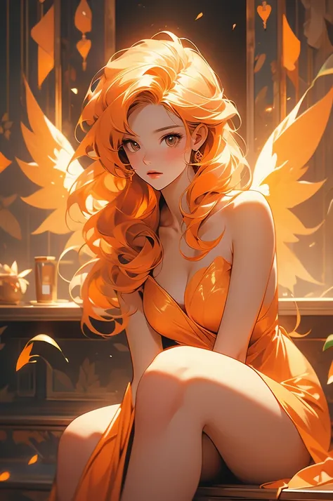 1 girl, bare, naked, covering herself, sitting on the floor, panicked, orange hair, orange wings, golden flames, 