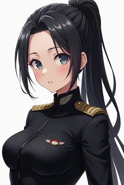 Anime, beautiful woman, masterpiece, pale skin, black hair, hair in a bun, military uniform, military-style, grey eyes, woman, athletic female, black uniform, mature female, medium chest, mature, white hair highlights