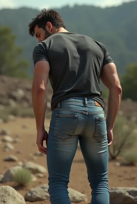 hyper realistic image, handsome white man, About 2, barba , dark brown wavy hair, similar a Theo James, with an unfriendly appearance, muscular body. . Dark shirt, Thight light blue jeans (((Big Bubble butt))) (((backside)))  bent over picking up a stone o...