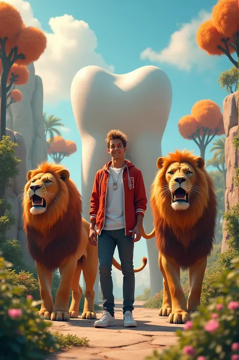 Mr beast with two lions in a tooth park 