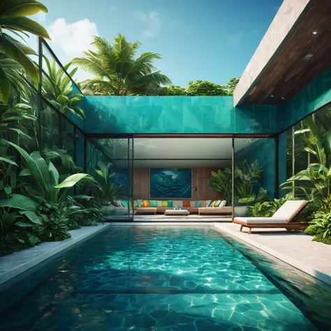 a beautiful outdoor pool with crystal clear water, lush tropical plants, lounge chairs, 1girl swimming in pool, detailed facial features, intricate swimsuit, high quality photo, photorealistic, dramatic lighting, vivid colors

a sleek modern indoor pool wi...