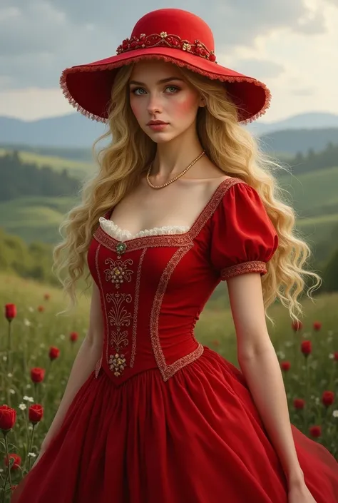 Make a woman in the middle ages style with a red dress and a red cap, yellowish hair and green eyes, fair skin, make a cap connected to the dress.