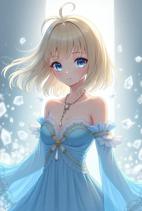 Female anime character with ice power, dark blonde hair, blue-gray eyes and a pendulum necklace wearing a light blue dress with white and gold details with a freckled face and a sweet and indifferent expression