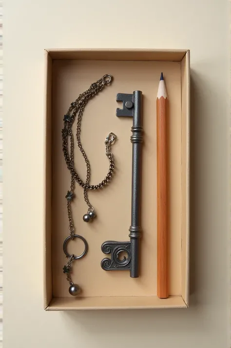 Mix these things in one box, A bracelet, a key and a pencil 