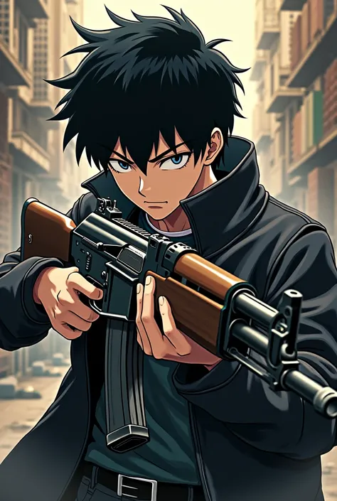 shigeo kageyama from mob psycho 100 holding an ak47 using his powers on the weapon