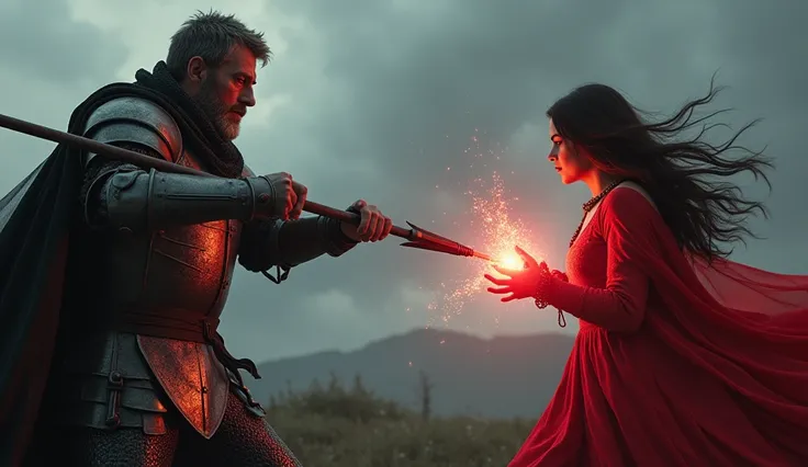 a medieval soldier holding a spear and hurling it towards a scarlet woman with long dark brown hair wearing a long red dress, energy emanating from her hands, dramatic lighting, detailed armour, photorealistic, cinematic, epic fantasy