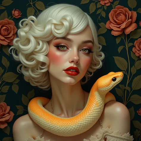 A portrait of an Art Deco woman with white hair and lighskin/honey skin, she has red lipstick on her lips, the background is dark floral wallpaper, there is a snake wrapped around her neck, the snakes head glows orange, in the style of Tanya Shatseva, a cl...