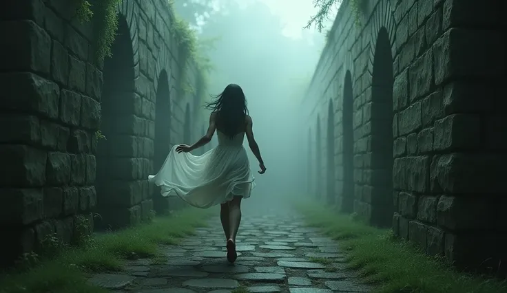 Silhouette of a woman in a white dress running desperately through a stone maze, with moss and lichen on the walls.

fog The lighting is dim and very dark, creating dramatic shadows and an air of mystery.

<xml><input>realistic</input></xml>, realism
