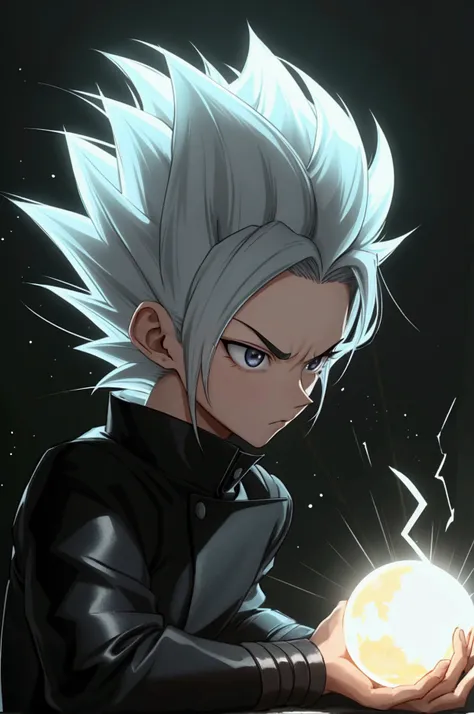 Seeing of the right, adult male, a character up to the waist, holding a black dark sphere of energy with white lightning parts like a lightning bolt illuminating around the sphere and in the middle of it, as if it were destroying the sphere and dodging, bu...