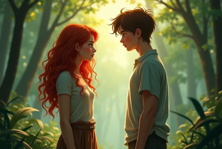 4.  The Meeting between Elena and Leo•Visual Description: A key moment where Elena (twenty years old, redhead, long curly hair), with a determined expression, meets Leo (nineteen years old, shorter than Elena), who seems anxious. They can be seen in the ce...