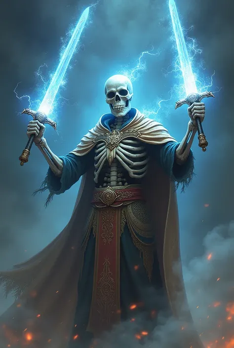 A skeleton cleric fires his divine swords