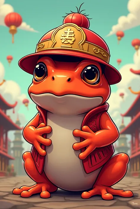 Red Pepe the frog meme, Chinese combat hat, cartoon style 