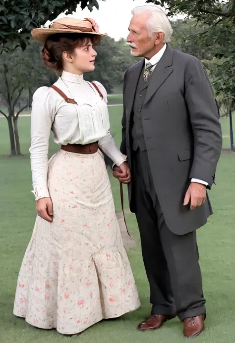 A gorgeous 14yo Gibson Girl (((groped from behind by a horny 69yo gentleman))) in a park. Year 1902. (((1900_dr3ss))). Short girl with an hourglass figure wearing an elegant Edwardian outfit consisting of a high-collar long sleeve shirtwaist, long skirt an...