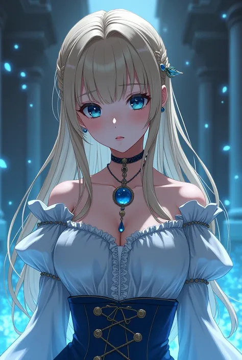 Female anime character with ice power, dark blonde hair, blue-gray eyes and a pendulum necklace, in medieval clothes, with a freckled face and a bored expression and with large breasts