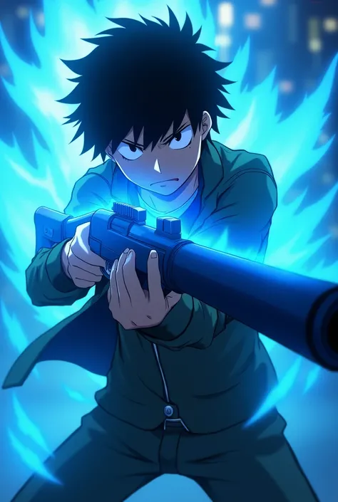 shigeo kageyama from mob psycho 100 holding a shotgun, and with a blue aura around it