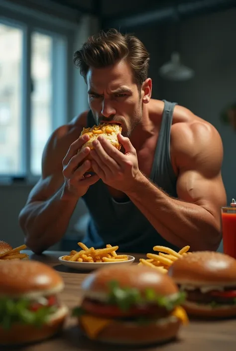 fitnnes man who is not so lively eating hamburger