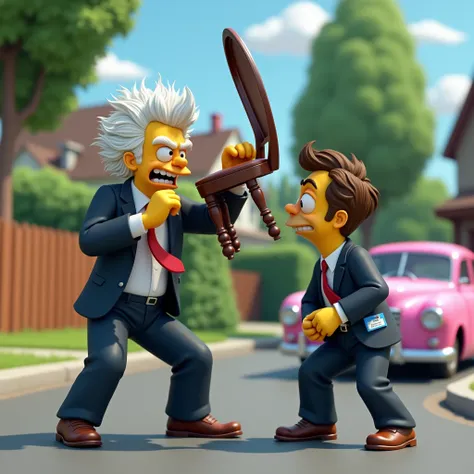 "Generate a hyper-detailed, high-resolution image in a 3D cartoon style, depicting a tense altercation between two men in dark blue suits in a suburban neighborhood. The man on the left has white hair and a furious expression, lifting a metal chair in an a...