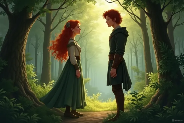 4.  The Meeting between Elena and Leo•Visual Description: A key moment where Elena (twenty years old, redhead, long curly hair), with a determined expression, meets Leo (nineteen years old, shorter than Elena), who seems anxious. They can be seen in the ce...