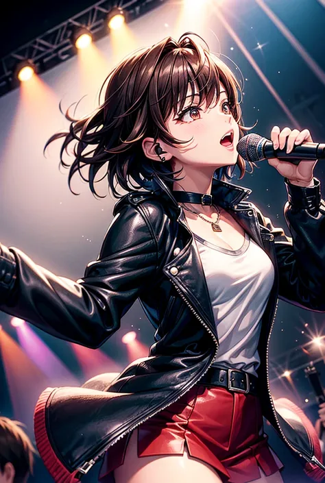 A cool girl with short hair who looks like Eir Aoi、Standing on stage, holding a microphone and singing passionately。She has a strong and confident look、Dressed in stylish rock outfit、He wears a dark jacket and modern accessories.。The stage is illuminated w...