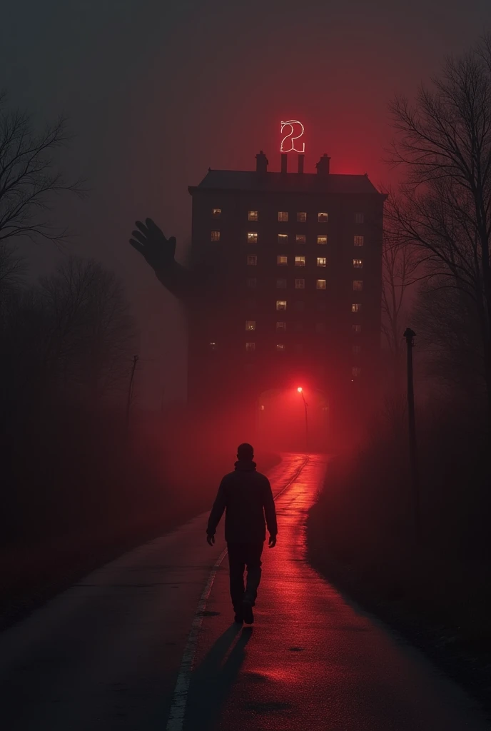 A hotel with a long road, dimly lit red, In the background there is only a humanoid hand holding a man
