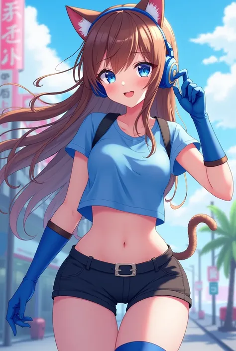 anime girl,long brown hair,blue eyes,streemer headphones cat ears,blue short shirt,black short pants,short sleeves,blue gloves,blue boots