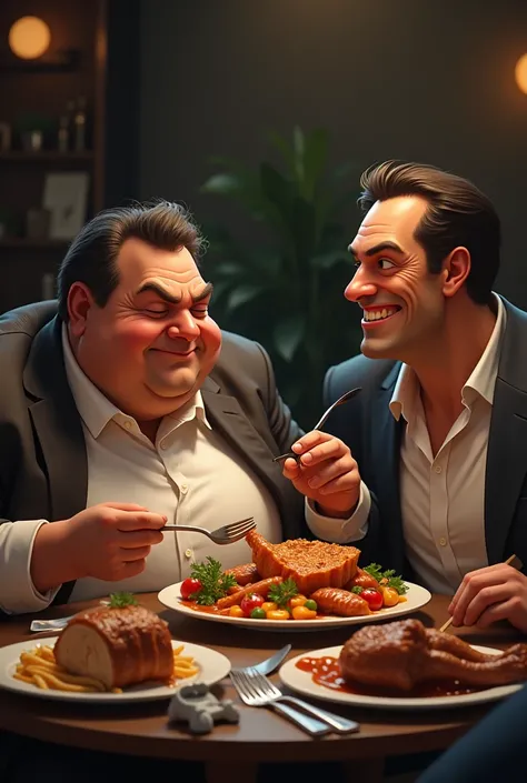 A fat man enjoying his meal and a skinny man looking on with hatred 