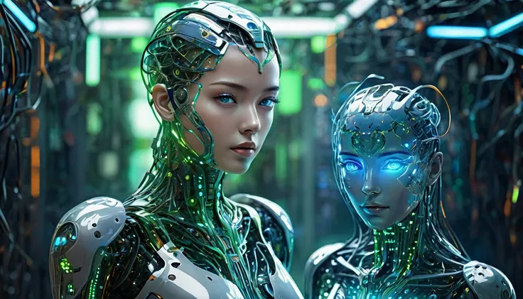 Visual representation of artificial intelligence (AI). This image is、It depicts a futuristic humanoid figure with cybernetics and technology elements integrated into the design.。. In the background is a latticework of glowing neural networks and intricate ...