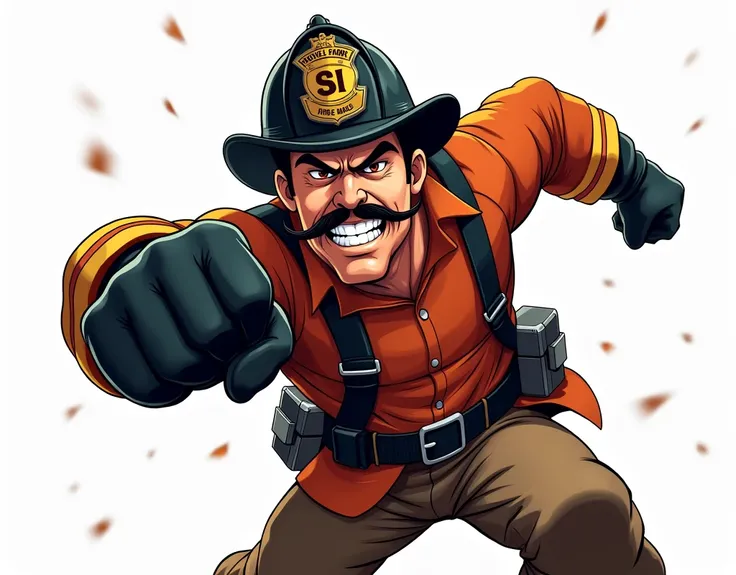 ((comic art)), (cartoon style) a 5, Close up of really strong angry fireman with Masculine face head, large bushy mustache, a firefighter black helmet on his head, brown fireman pants, a long sleeve fireman coat, a white t-shirt under his coat, a black bel...