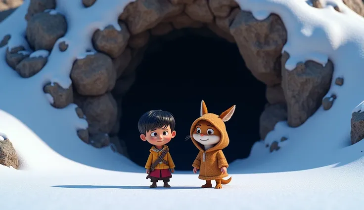 They spot a dark, ancient cave entrance partially hidden by snow. Zara and Tunnu look at it with curiosity and decide to explore. 3D Pixar style 