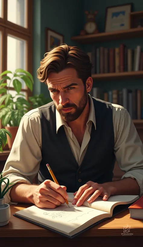 A man with short wavy hair and a beard sat at his desk drawing in a notebook. 