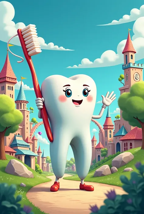 Create the tooth kingdom in cartoon format Using the same idea create 3 more characters: the toothbrush, dental floss and toothpaste Make a character in the shape of a toothbrush