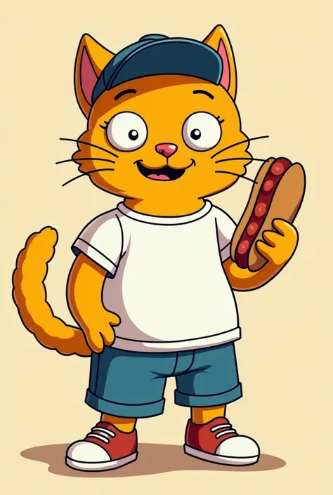 Simpsons style cat wearing a t-shirt, shorts, lousas, baseball cap, {{variable name}}, hot dog