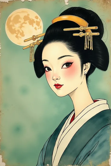 Watercolor、Old paper texture、Damaged Paper、Old style、Faded colors、Brush-drawn painting、A painting depicting the moon and a courtesan from the Edo period、Green background、Close-up of face