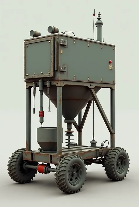 Create a moving machine that quantifies soil nitrogen. It has 2 auger probes, 4 wheels, a funnel, a siever, a water dropper, and a screen-printed electrode. 