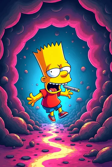 make a painting of bart simpson with a kind of hallucinogenic touch, but if you deform the bart, I make the drawing colorful and with colors that shine in the neon light. Make Bart more neon yellow. Make it in the cartoon style and keep the original image ...