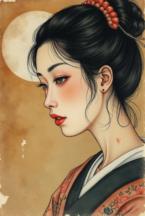 Watercolor、Old paper texture、Damaged Paper、Old style、Faded colors、Brush-drawn painting、A painting depicting the moon and a prostitute from the Edo period、The background is brown、Close-up of face